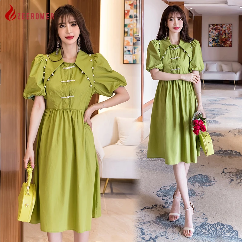 

Женское платье с коротким рукавом и пуговицами, однотонное элегантное платье с высокой талией и острым воротником, модель 2022 года