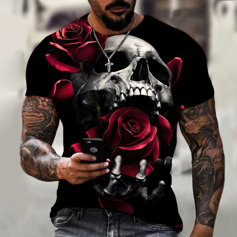 

Skull Rose Romantic HD 3D Printing Men's And Women's T-shirt HD Short-sleeved Oversized Summer Short-sleeved Top