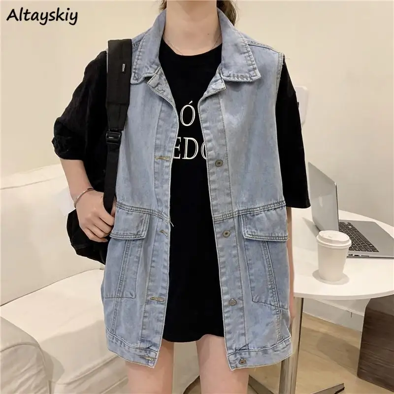 

Vests Women Denim Loose BF Pockets Unisex Letter Streetwear Cool College Young Retro All-match Basic Ulzzang Chic Ins Gentle New