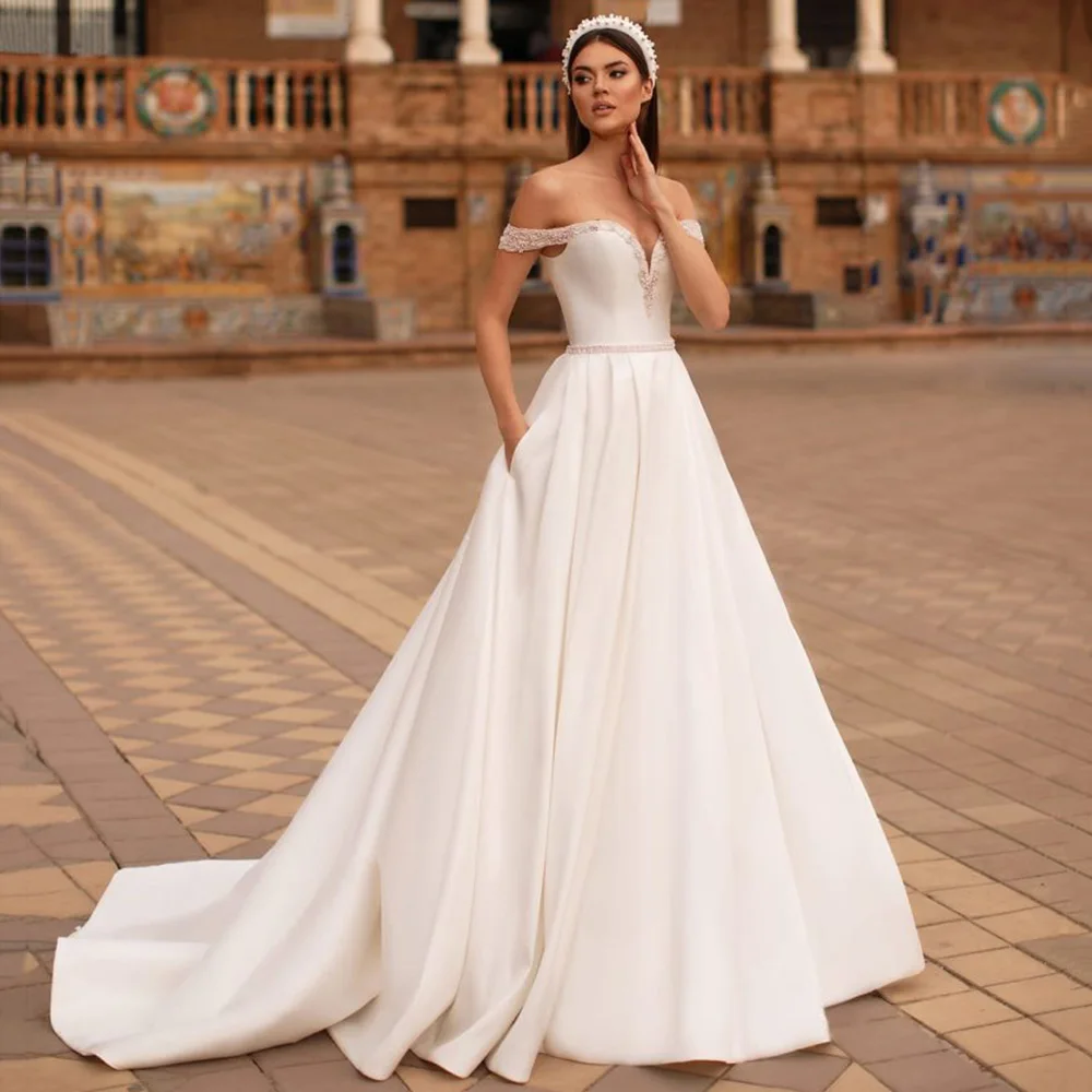 

White Satin Wedding Dress Exquisite Sequin Appliques Off the Shoulder Bride Dress Simple A-Line Lace Up Floor-Length Bridal Gown