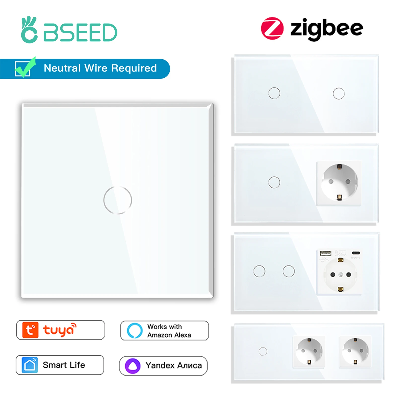 

BSEED Zigbee 1/2/3Gang Smart Touch Switches 1/2/3Way Tuya Smart Life Alexa App Control With EU Type-C USB Socket Neutral Version