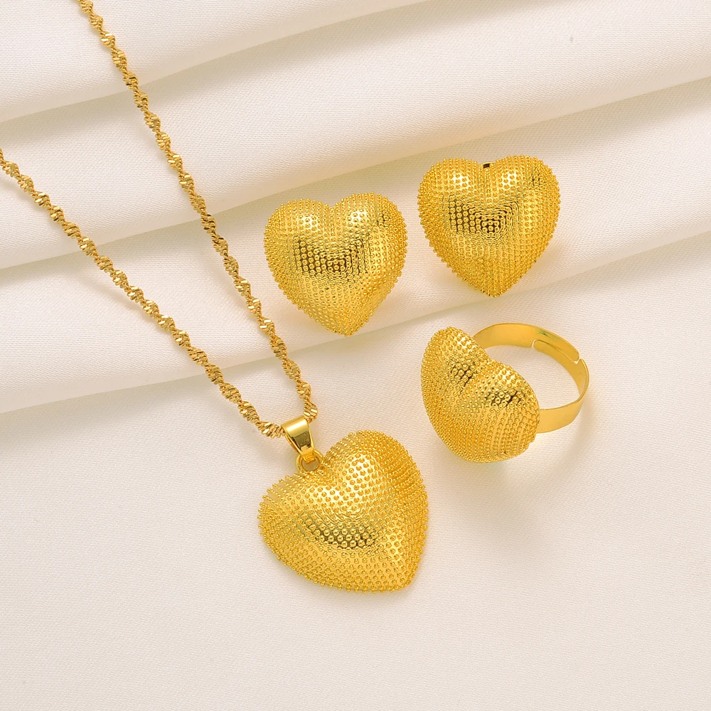 

18K Solid Fine Gold Filled Gold 3D Plump Heart Pendant Necklace Stud Earrings Ring Set Wedding Rani Haar Tikka