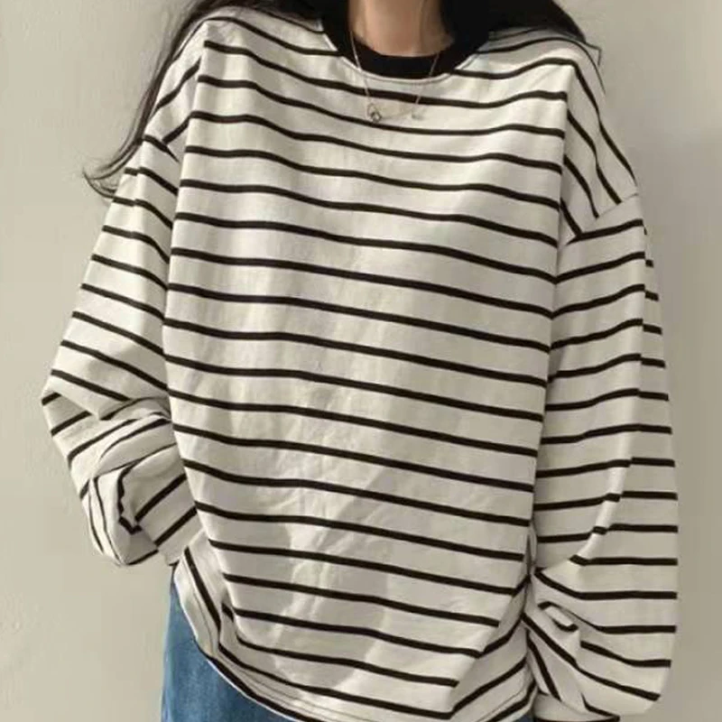 Женский свитшот в полоску повседневные свободные пуловеры с длинным рукавом и