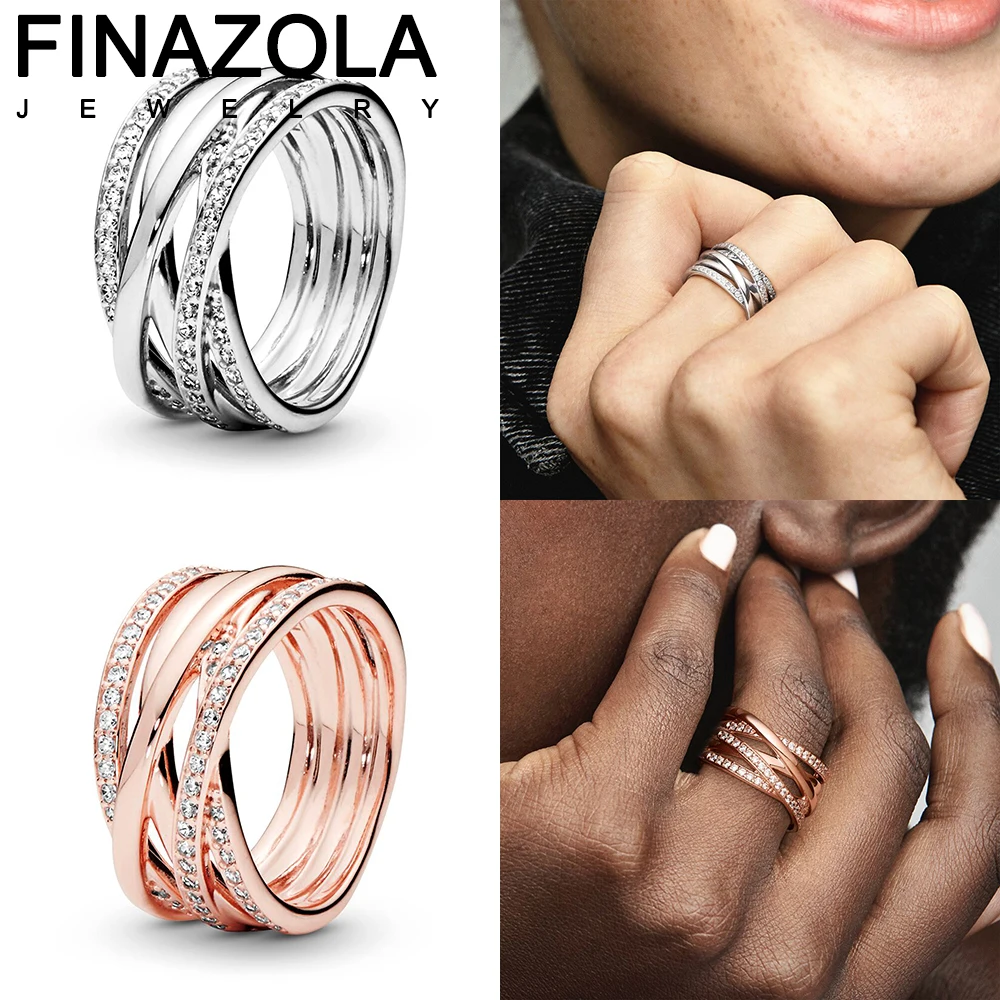 

FINAZOLA Fashion Sparkling Crystal Twisted Lines Ring Cubic Zirconia Rose Gold Women Engagement Wedding Original Fine Jewelry