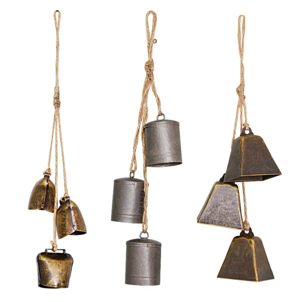 

Soothing Sound Wind Chimes Rustic Vintage Iron Bell Chime Wall Hanging Decor with 3 Lucky Cow Bells on Rope Supplies Indoor