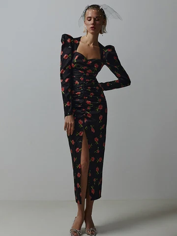Jastie/Модные Платья с цветочным принтом для женщин; Коллекция 2023 года; Элегантные черные платья с v-образным вырезом и длинными рукавами; Повседневное облегающее платье до середины икры с рюшами