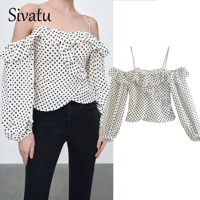 

Sivatu 2023 New Women's Cascading Ruffle Polka Dot Printed Blouse Casual Female Lantern Sleeve Shirt Off Shoulder