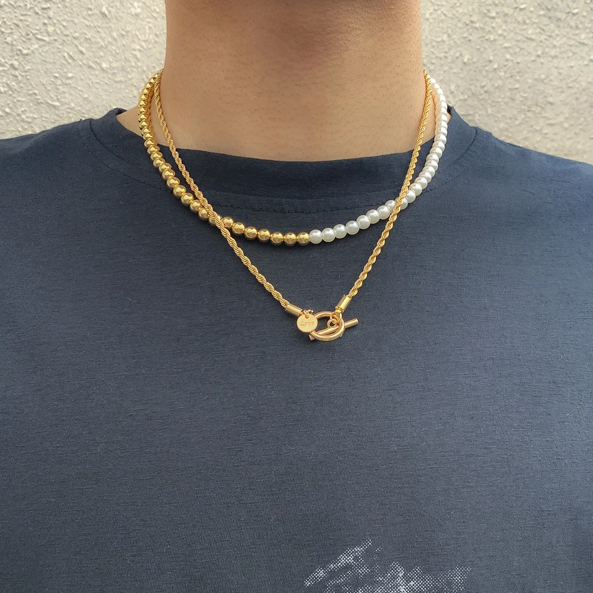 

Fashionable And Versatile Design Trendy Double-layer Stitching Simulation Pearl Short Necklace For Men Metal Jewelry Accessories