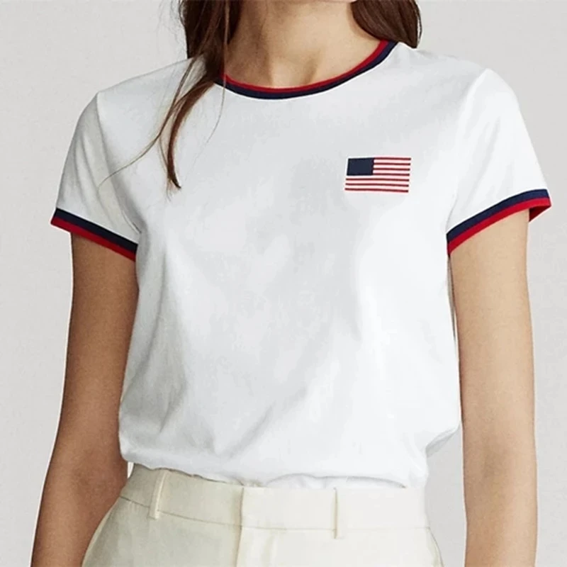 

Women's 100%Cotton Casual T-Shirt Femal Summer Round Casual Simple O-Neck Short Sleeve Ladies Flag Tees