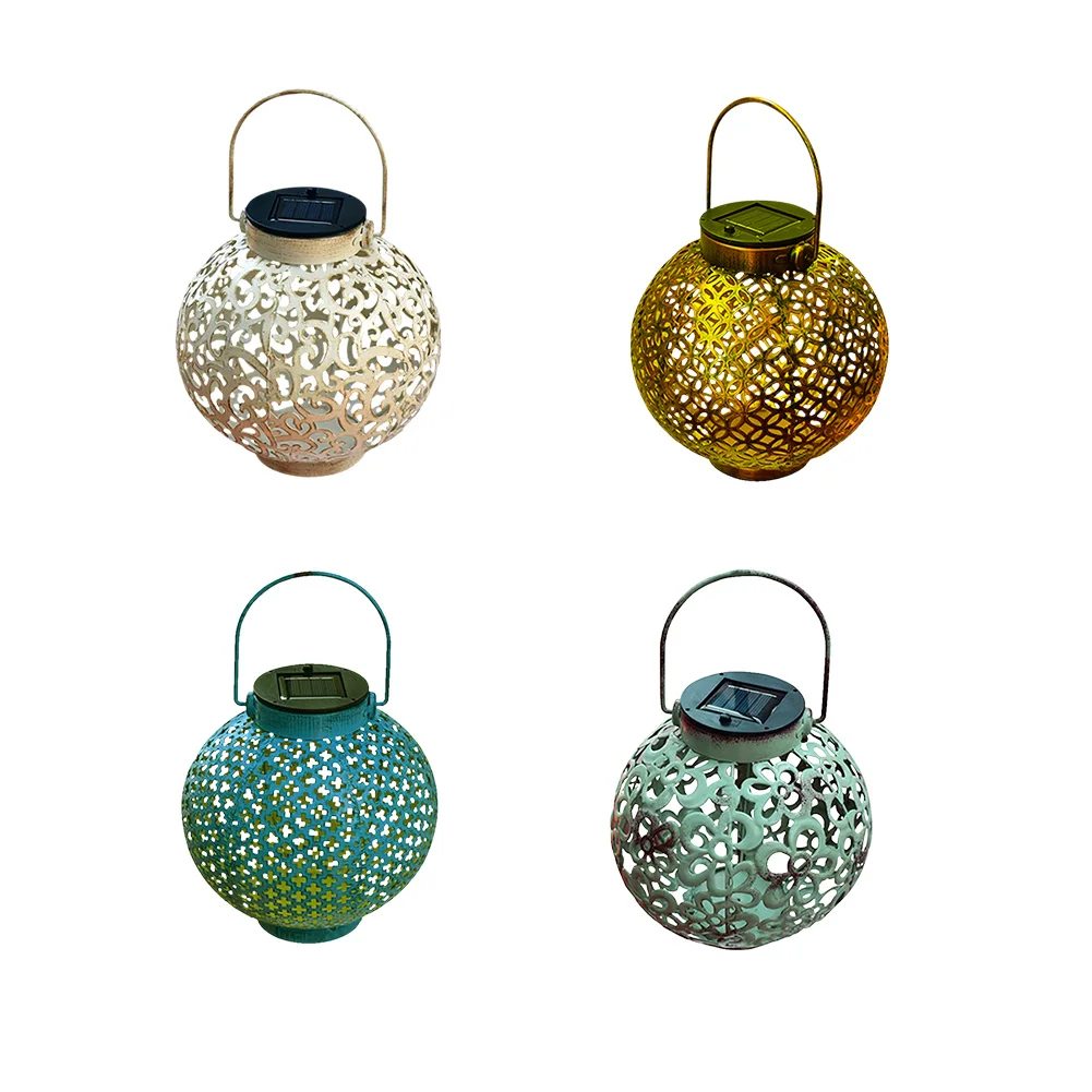 

Lantern Shape Hanging Lamp Hollow Designs Courtyards Vintage Metal Solar Powered Outdoor Greensward Lighting
