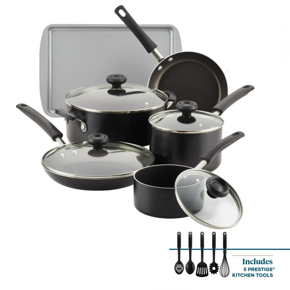 

15-Piece Easy Clean Aluminum Nonstick Pots and Pans Set/Cookware Set, Black