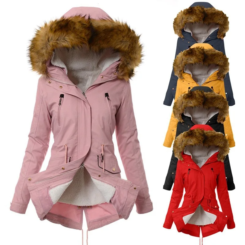 

Women's cotton jacket with plush and thick insulation, cotton jacket with wool collar, cotton jacket for women