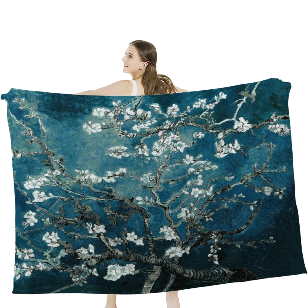 

Van Gogh Almond Blossoms Dark Teal Throw Blanket Soft Warm Bedspread Cold Cinema or Airplane Travel Decoration
