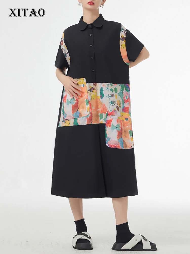 

XITAO асимметричное платье-рубашка с принтом, свободное модное платье с отложным воротником, контрастный цвет, пэчворк, с большим карманом, Новинка лета 2023, DMJ1658