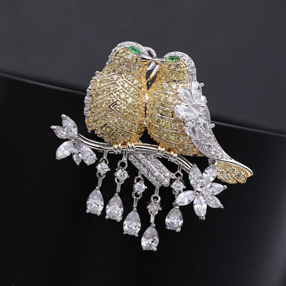 

Gold Silver Couple Birds Lover Luxury Brooch Women's Zircon Party Wedding Jewelry Corsage Branch Tassels Clip Brooches Lapel Pin