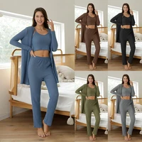 qweek pajamas for women three piece suit for female knitting waffle solid color sling long sleeve homewear autumn winter pijamas