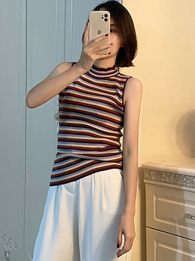 

MICOSONI Italian style Tencel Lyocell Striped Vest Women's Inner Design Sleeveless Anti-Aging Tank Top S-L Backless knitting Tee
