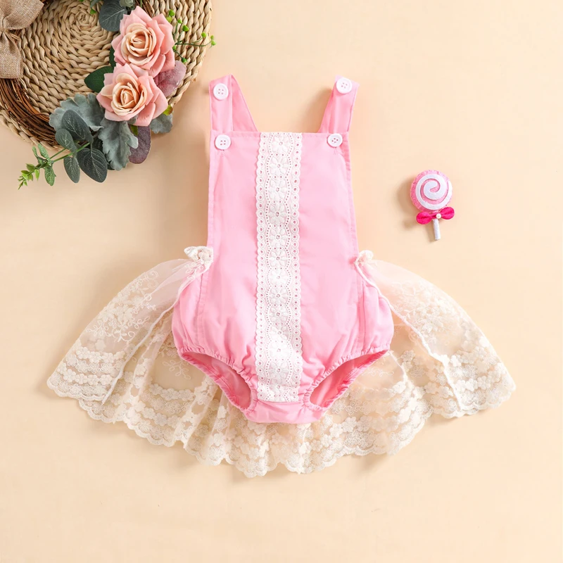 

Summer Toddler Baby Girls Bodysuit Dress Lace Patchwork Mesh Sleeveless Suspender Jumpsuit Clothes