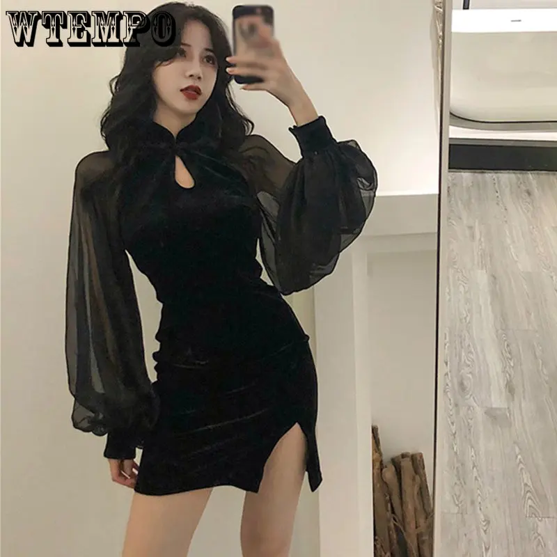 

Винтажное черное платье WTEMPO с разрезом по бокам и рукавами-фонариками, приталенные платья с длинным рукавом, сексуальное мини-платье, уличная одежда Y2k