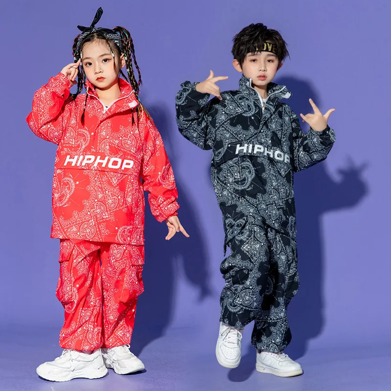 

Детская одежда в стиле хип-хоп, черный, красный пуловер с геометрическим принтом, рубашка-карго, брюки-джоггеры для девочек и мальчиков, танцевальные костюмы, наряд, комплект одежды