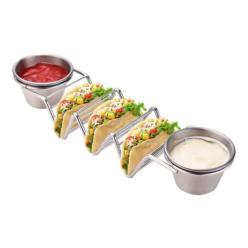 

Taco Stand Taco Holder Stainless Steel Holder with 2 Dip Bowls Taco Rack Pizza Display Stand Spring Roll Food Rack Kitchen Tools
