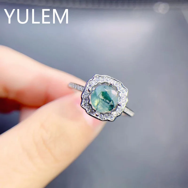 

YULEM Natural Algae Green Agate Greenstone round S925 Sterling Silver Adjustable Ring Girlfriend Gift Women Luxury Jewelry