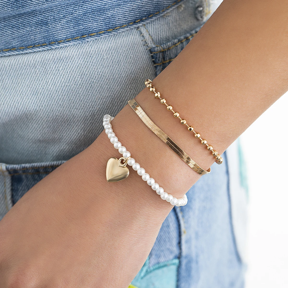 

IngeSight.Z 3Pcs/sets Imitation Pearl Heart Pendant Flat Snake Chain Bracelets for Women Punk Small Ball Beads Bracelets Gift