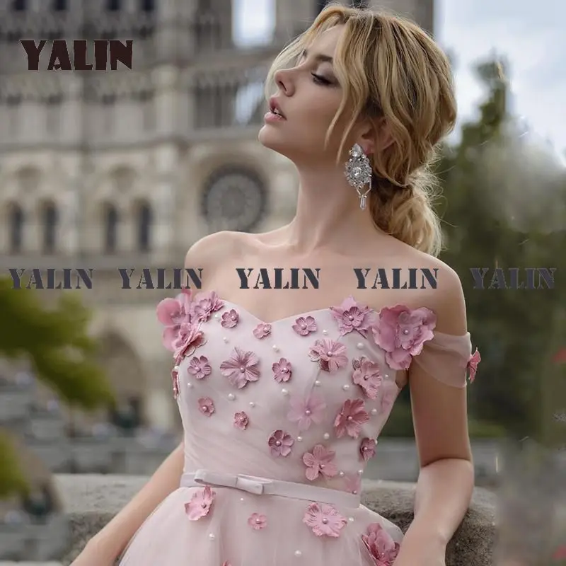 

YALIN Elegant Off The Shoulder Long Evening Gown Sweep Train Organza A-line Prom Dress Sleeves With Flowers Beading Party Dress