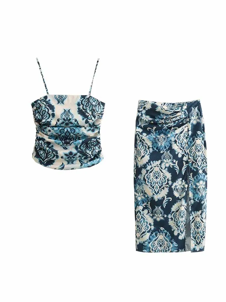 

Women summer New Chic Fashion Pleated decoration Floral Printed Midi Skirt Vintage High Waist Back Zipper Female Skirts Mujer