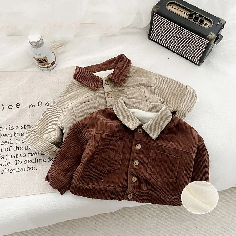 

0-3y Baby Solid Thick Coat Boy Fashion Turn-down Collar Corduroy Plush Cardigan Boys Simple Warm Boutique Cotton Jacket