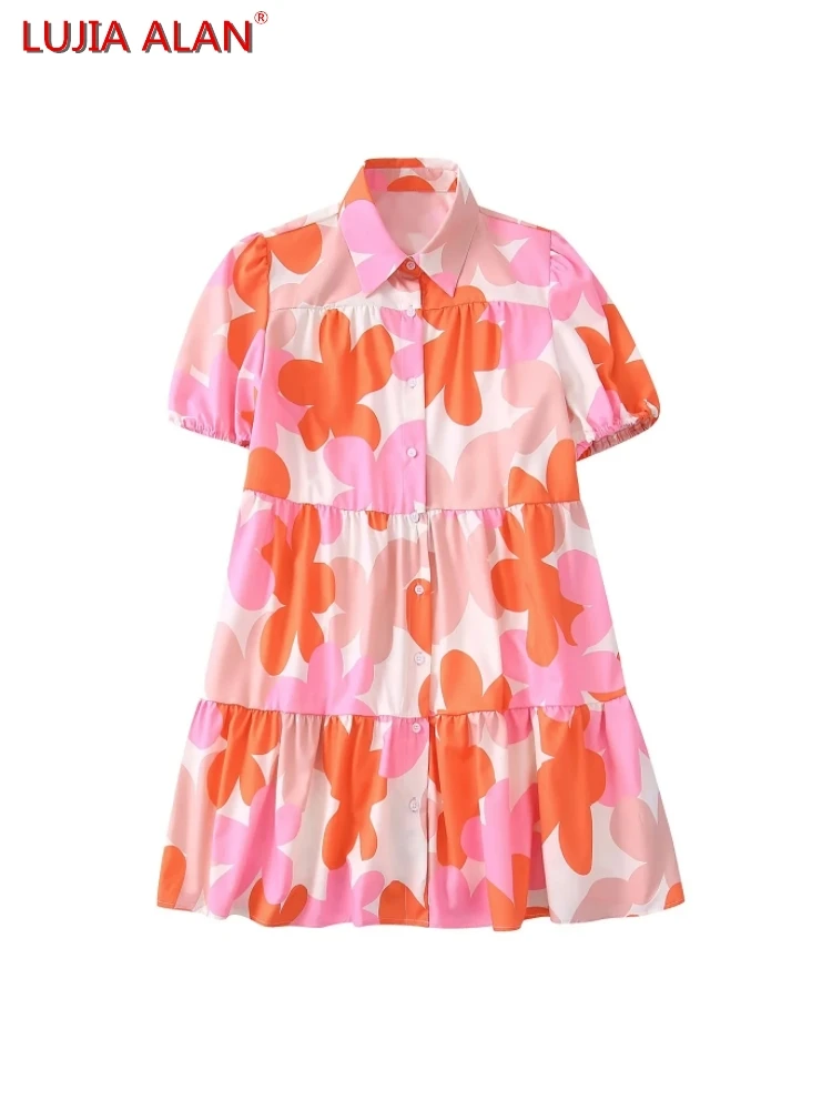 

Женское платье-рубашка с оборками в несколько рядов, Осеннее женское платье с коротким рукавом и цветочным принтом, Повседневная Уличная од...