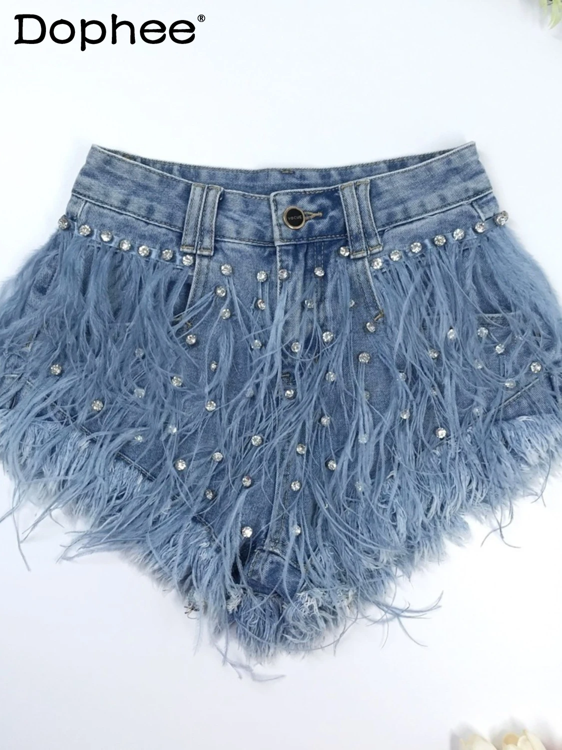 Exquisite Rhinestone Beaded Feather High Waist Denim Shorts for Women's Blue Jeans Shorts DS Nightclub Sexy Hot Pants Fashion