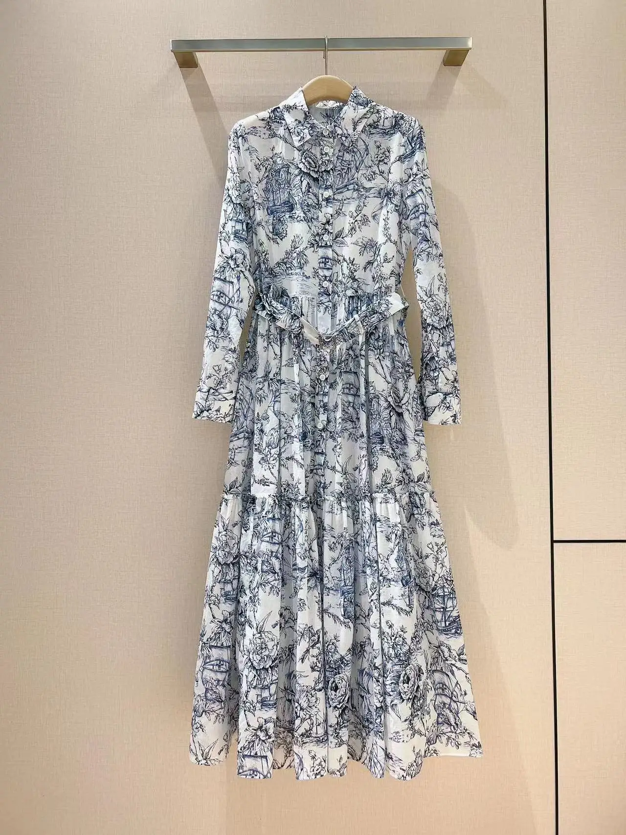 

Fyion Fashion Runway 2023 Summer Long Dress Women Flower Printed Long Sleeves Holiday Party Top Belt Dress