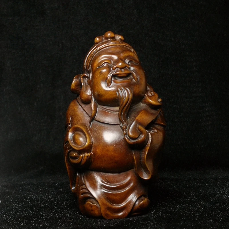 

YIZHU CULTUER ART 3.2" Old Chinese boxwood hand carved God of Wealth Buddha statue table decoration Gift collection