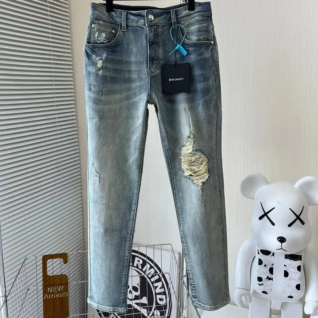 

MMJ Spring And Summer Skull Embroidery Do Old Worn Edge Hole Washed Men Mastermind Slim Jeans Retro Small Leg Pants Tide