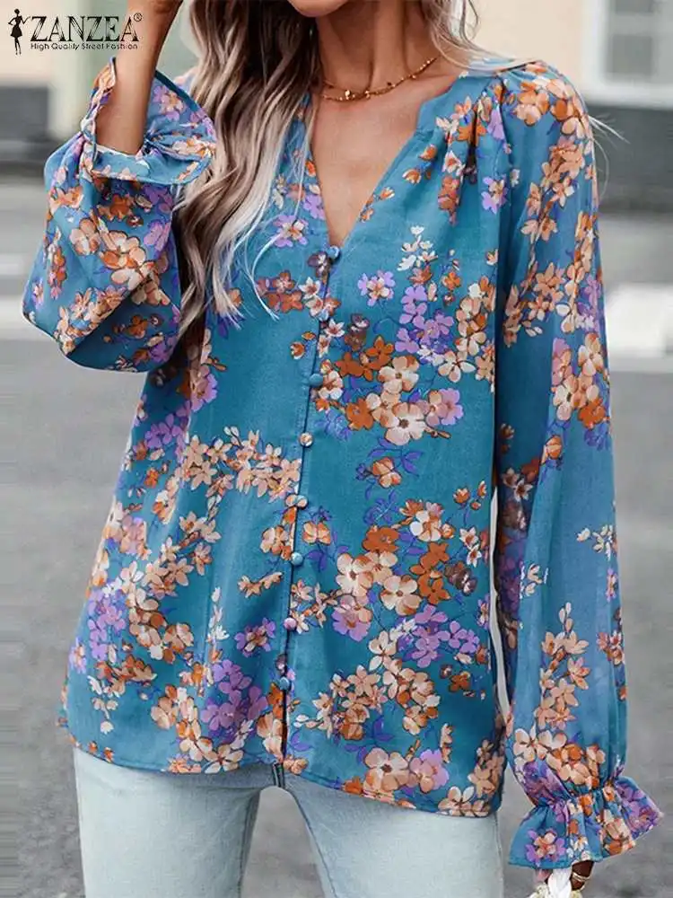 

Элегантная Женская Повседневная Блузка ZANZEA с цветочным принтом, женский топ с расклешенным рукавом и V-образным вырезом, богемная женская блузка большого размера