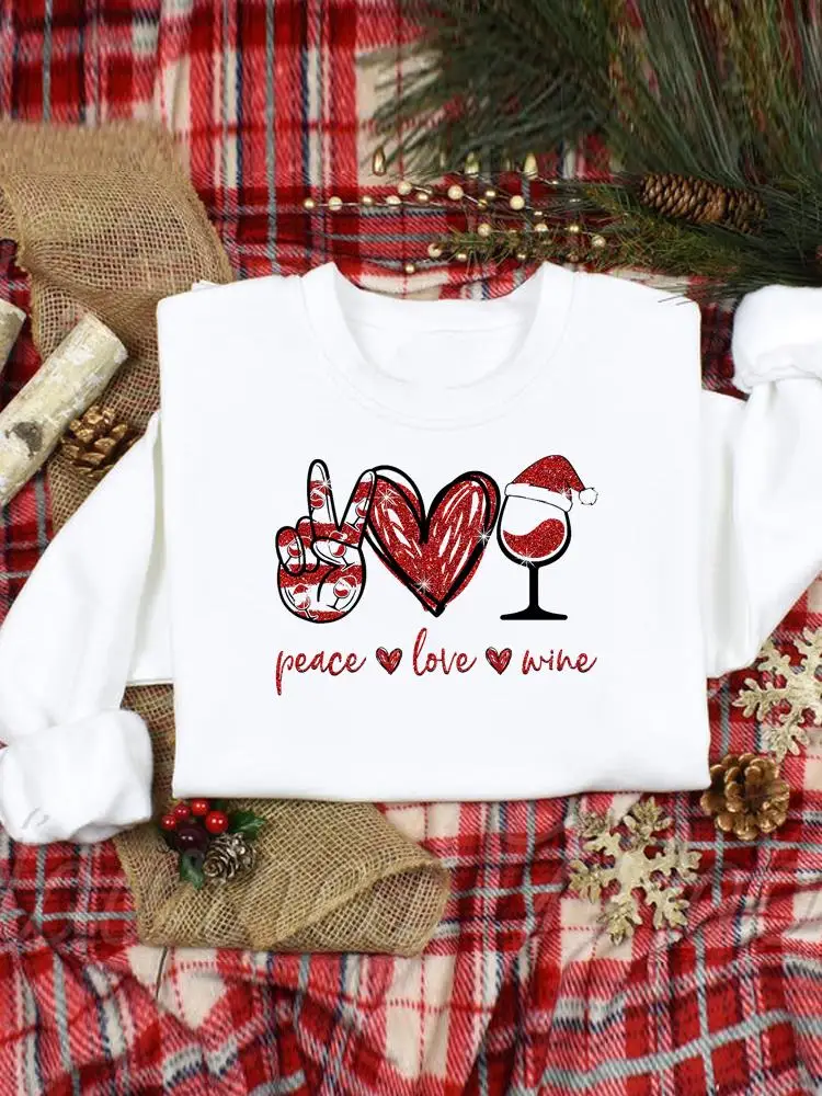 

Wine Love Hear Trend Pullovers For Women Happy New Year Fashion Merry Christmas Printing Graphic Sweatshirts Female Clothing