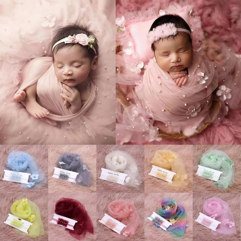 

2Pcs Newborn Baby Photography Props Long Wrap Beads Flower Decoration DIY Photo Props Blanket with Headbands 40JC