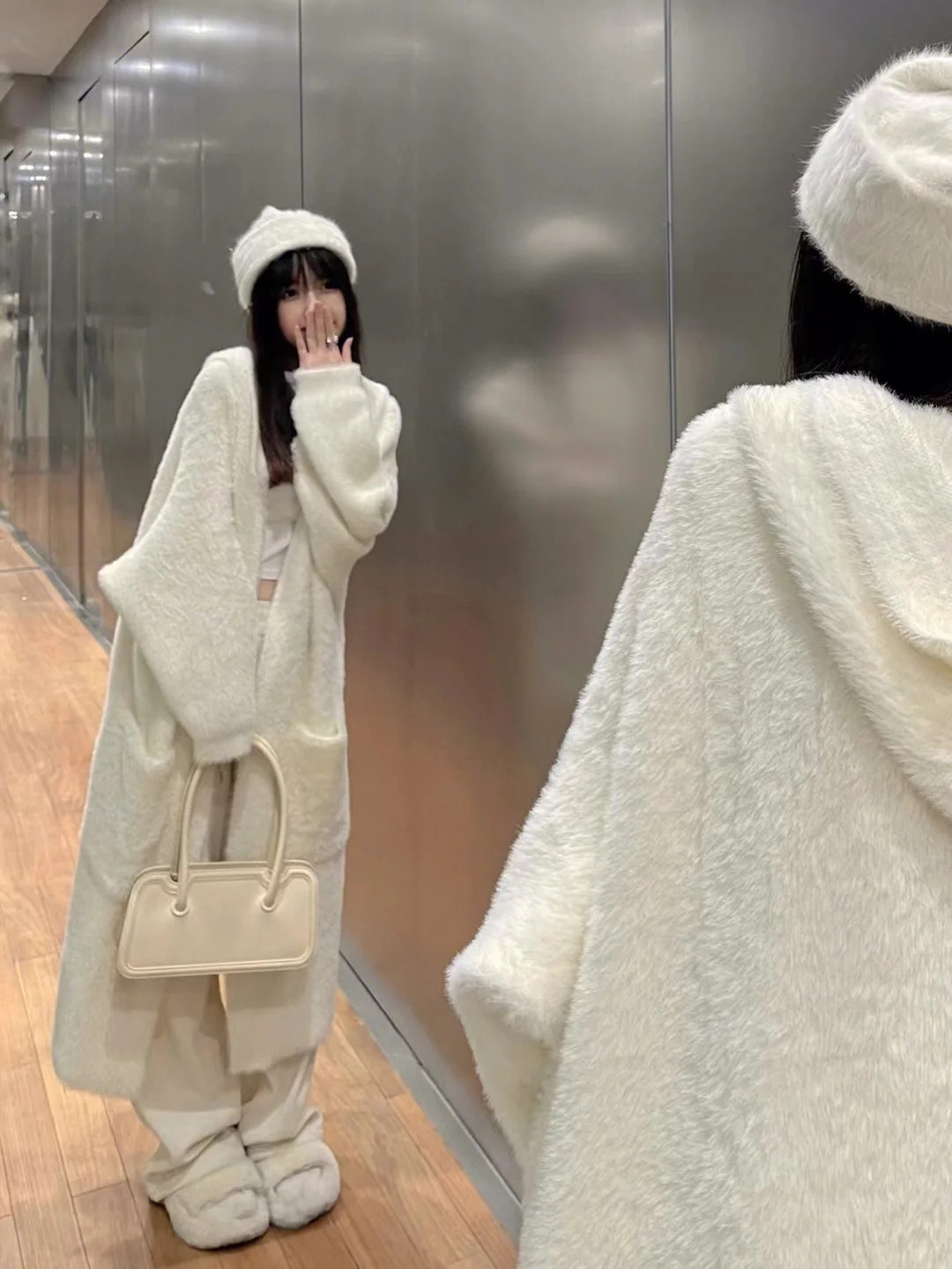 Халат Sle Осень и зима Новый ленивый выше колена Вязаный свитер с капюшоном