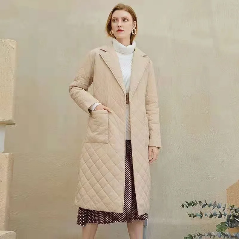 

Autumn and winter fashion lapel cotton jacket, medium length, knee length, belt temperament, female slim figure, rhombic figure