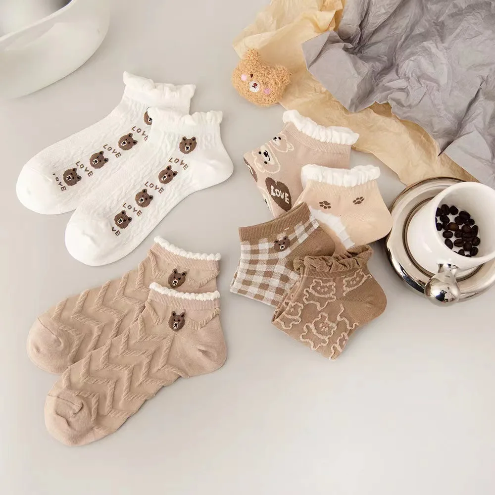 Simple Cute Khaki Cartoon Short Socks Fashion Funny Student Socks Set 10 Pairs Spring Summe Brown Kawai Ankle Socks Woman