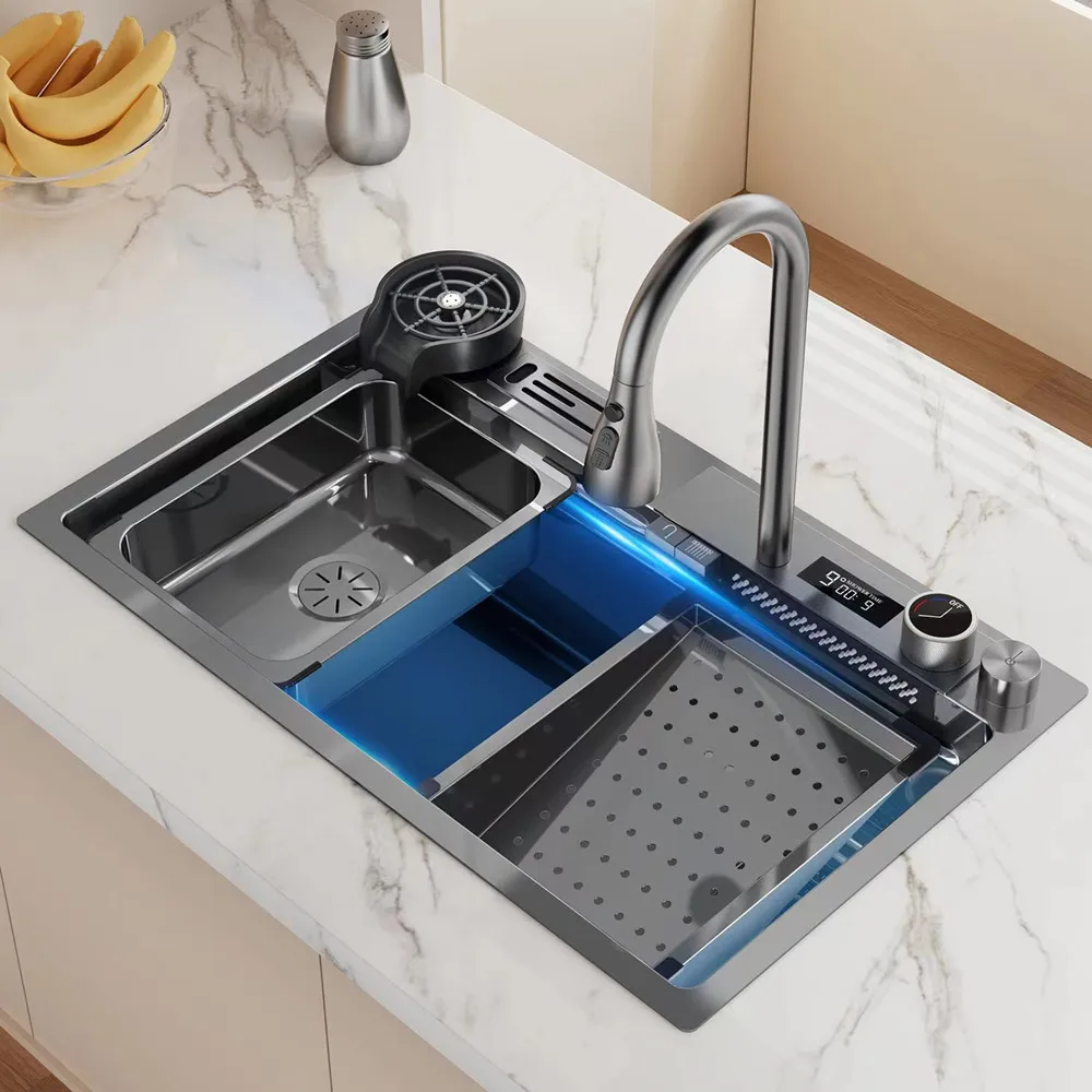 

Black Nano Kitchen Sink Multi-Function Digital Display Waterfall Sink 304 Stainless Steel Large Single Slot With Knife Rest