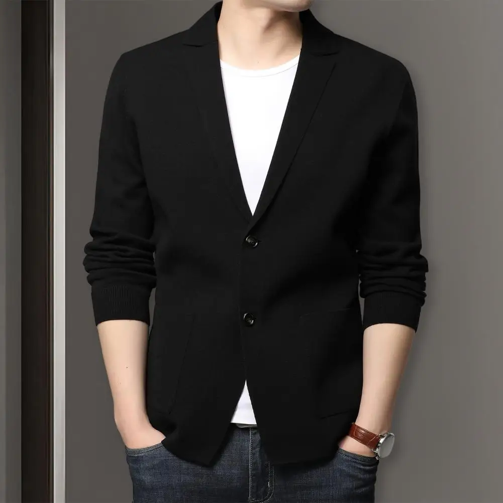 

Однотонный кардиган, стильный мужской шерстяной кардиган, свитер с воротником с лацканами, однотонный, с длинными рукавами, сохраняет тепло на осень/зиму