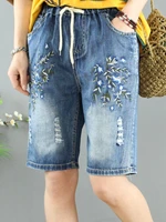 women jeans 2022 clothing denim cotton shorts high pockets embroidery straight light blue knee length pants