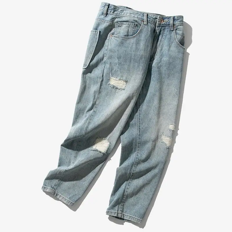 Summer Fashion Brand Men's Ripped Jeans Loose Straight Korean Style Fashion ThininsCropped Pants Men 'S Light Color