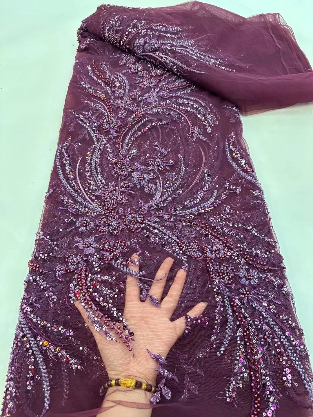 

French Sequins Lace Fabric Hot Sale Unique Design 2023 Embroidered African Beaded Net Mesh Lace Fabric For Women Dress