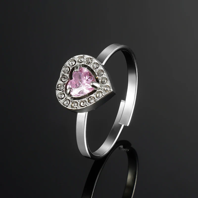 

New Adjustable Stainless Steel Crystals Pink Red Zircon Blue Green Love Heart Pendant Engagement Rings For Women Wedding Jewelry