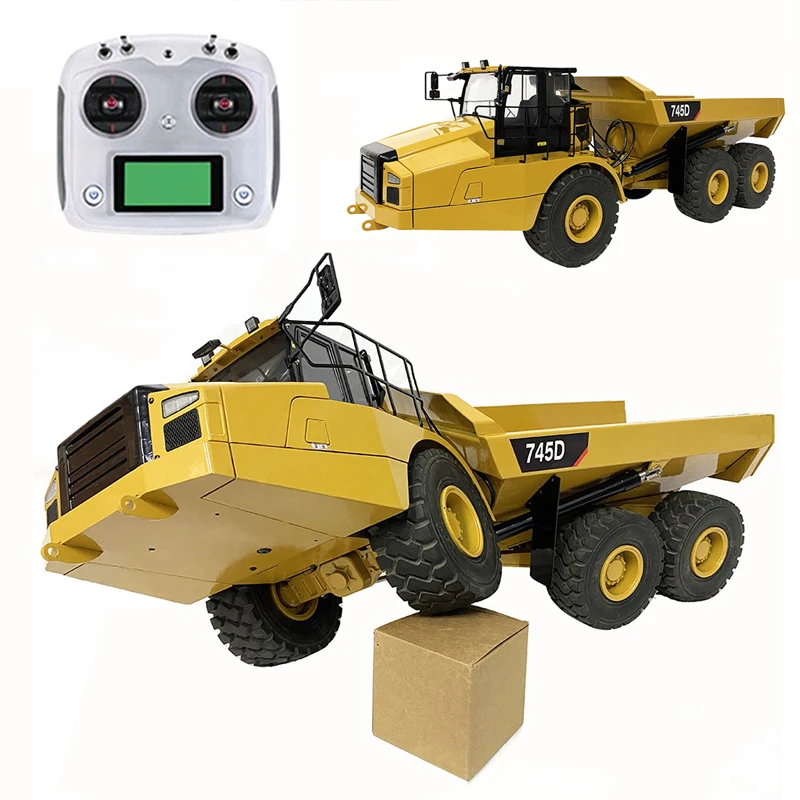RC Truck 1/14 Metal Hydraulic Articulated Truck Painted Yellow 6x6 745D Metal Dump Truck Toy Adult Gift