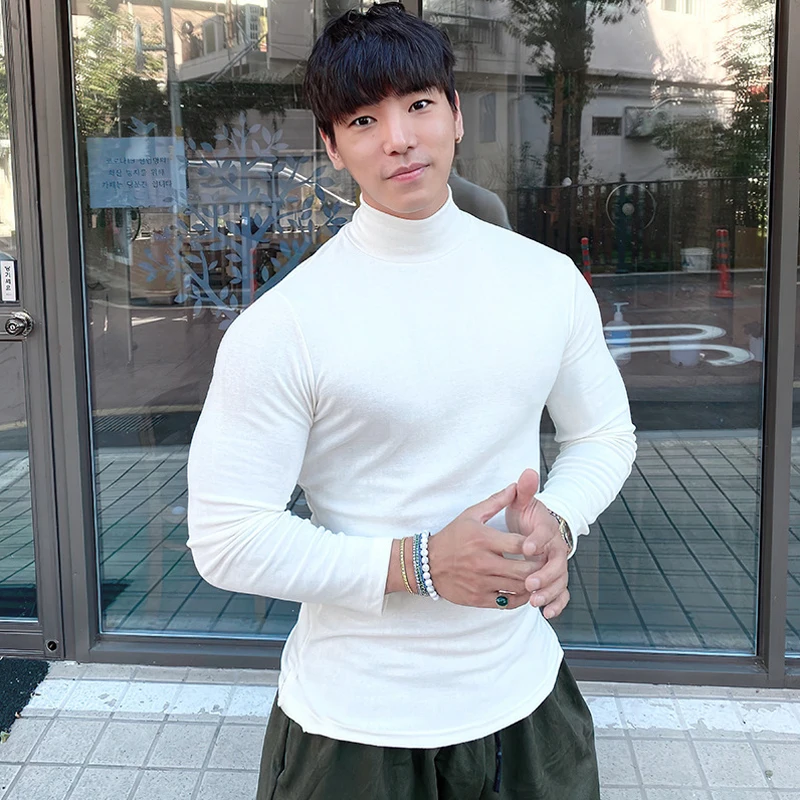 

New 2022 Men Pullover Turtleneck Sweater Autumn Long Sleeve Slim Elastic Korean Simple Basic Cheap Jumper Solid Color Top