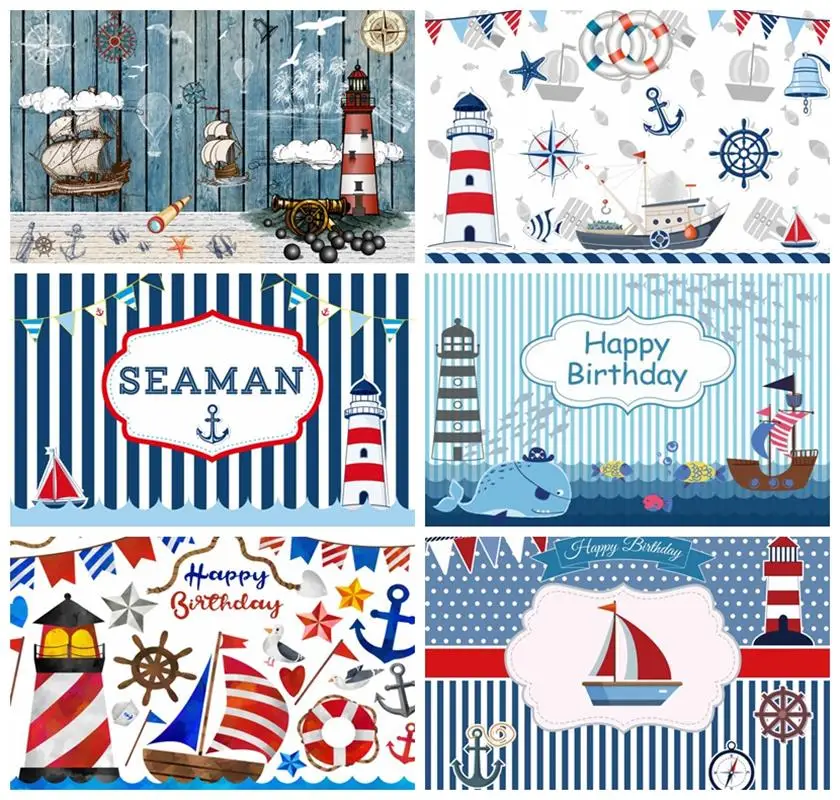 Laeacco Baby Birthday Photophone Photography Backdrops Sea Pennant Seaman Sailor Lighthouse Ship Blue Stripe Photo Backgrounds